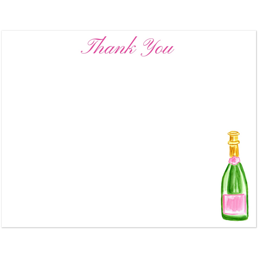 Personalize Pink & Green Champagne Bottle Watercolor Illustrated Flat Note Cards & Envelopes | Set of 10 | 2 Sizes