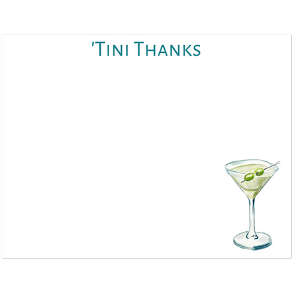 Set of 10 "'Tini Thanks" Martini Watercolor Illustrated Flat Notecards & Envelopes | 2 Sizes