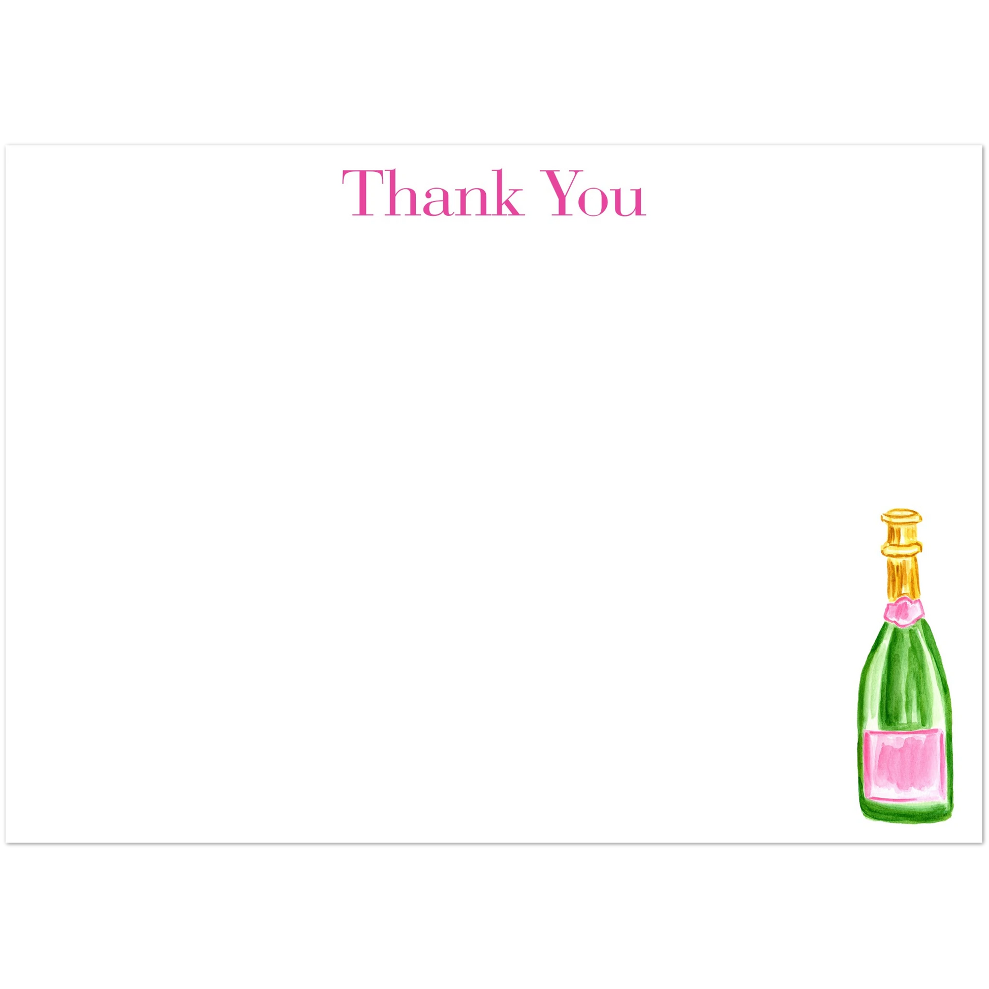 Thank You Card | Pink & Green Champagne Bottle Watercolor Illustration | Flat Notecards & Envelope Set of 10 | 2 Sizes 5R (5 x 7″) Elegant