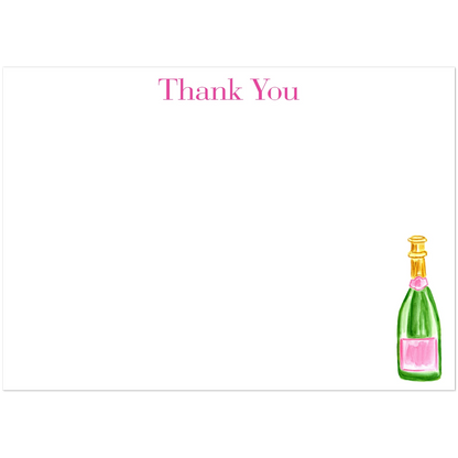 Thank You Card | Pink & Green Champagne Bottle Watercolor Illustration | Flat Notecards & Envelope Set of 10 | 2 Sizes 5R (5 x 7″) Elegant