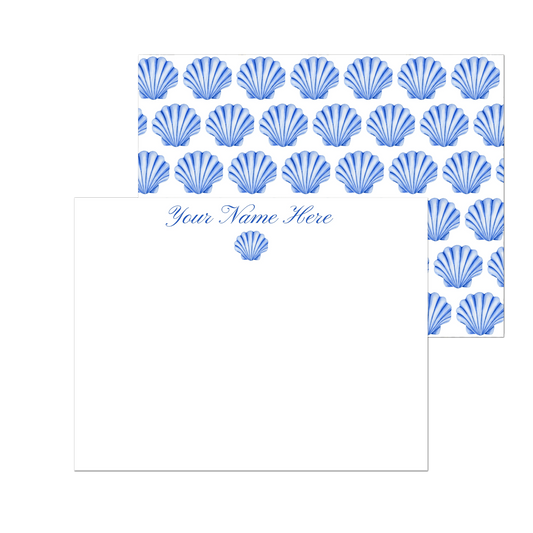 Personalized Blue or Turquoise Sea Shell Watercolor Illustrated Flat Notecards | Set of 10 Cards & Envelopes | 2 Sizes