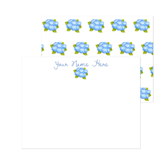 Personalized Blue Bunch of Hydrangeas Watercolor Illustrated Flat Note Cards & Envelopes | Set of 10 | 2 Sizes