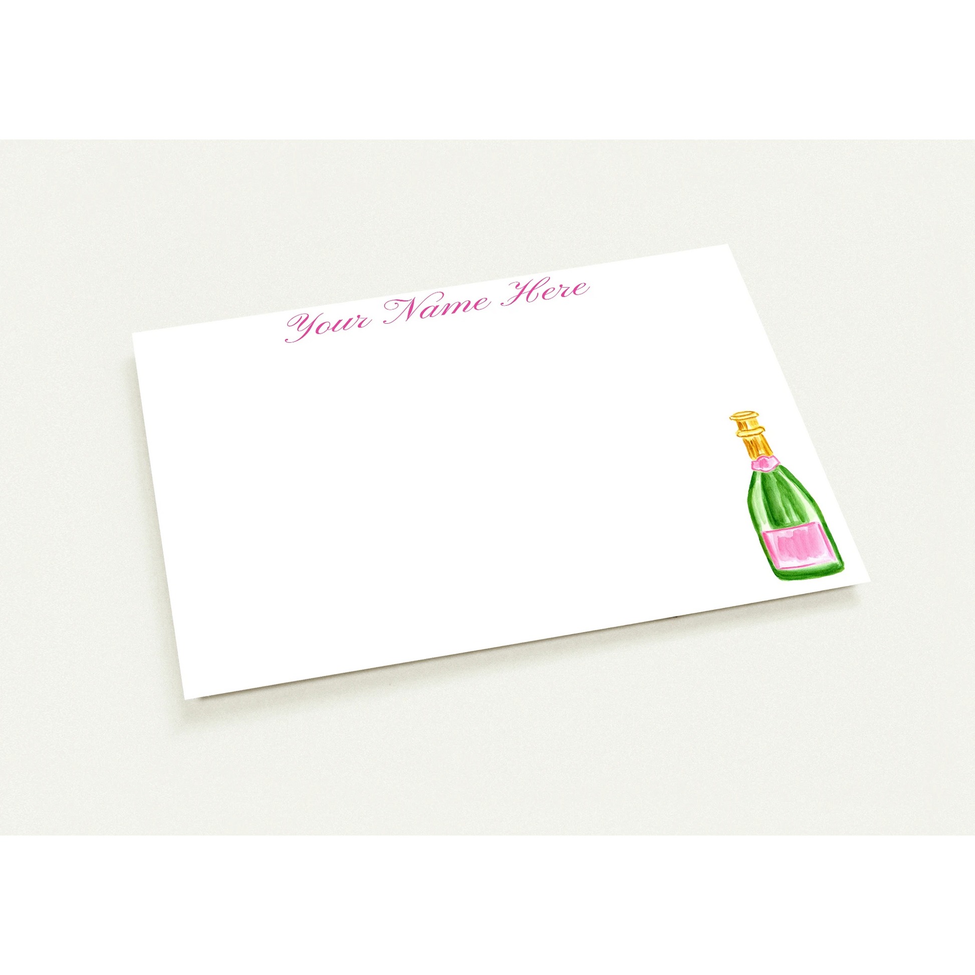 Personalized Notecards | Pink & Green Champagne Bottle Watercolor Illustration | Flat Notecards & Envelope Set of 10 | 2 Sizes