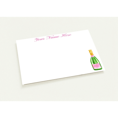 Personalized Notecards | Pink & Green Champagne Bottle Watercolor Illustration | Flat Notecards & Envelope Set of 10 | 2 Sizes