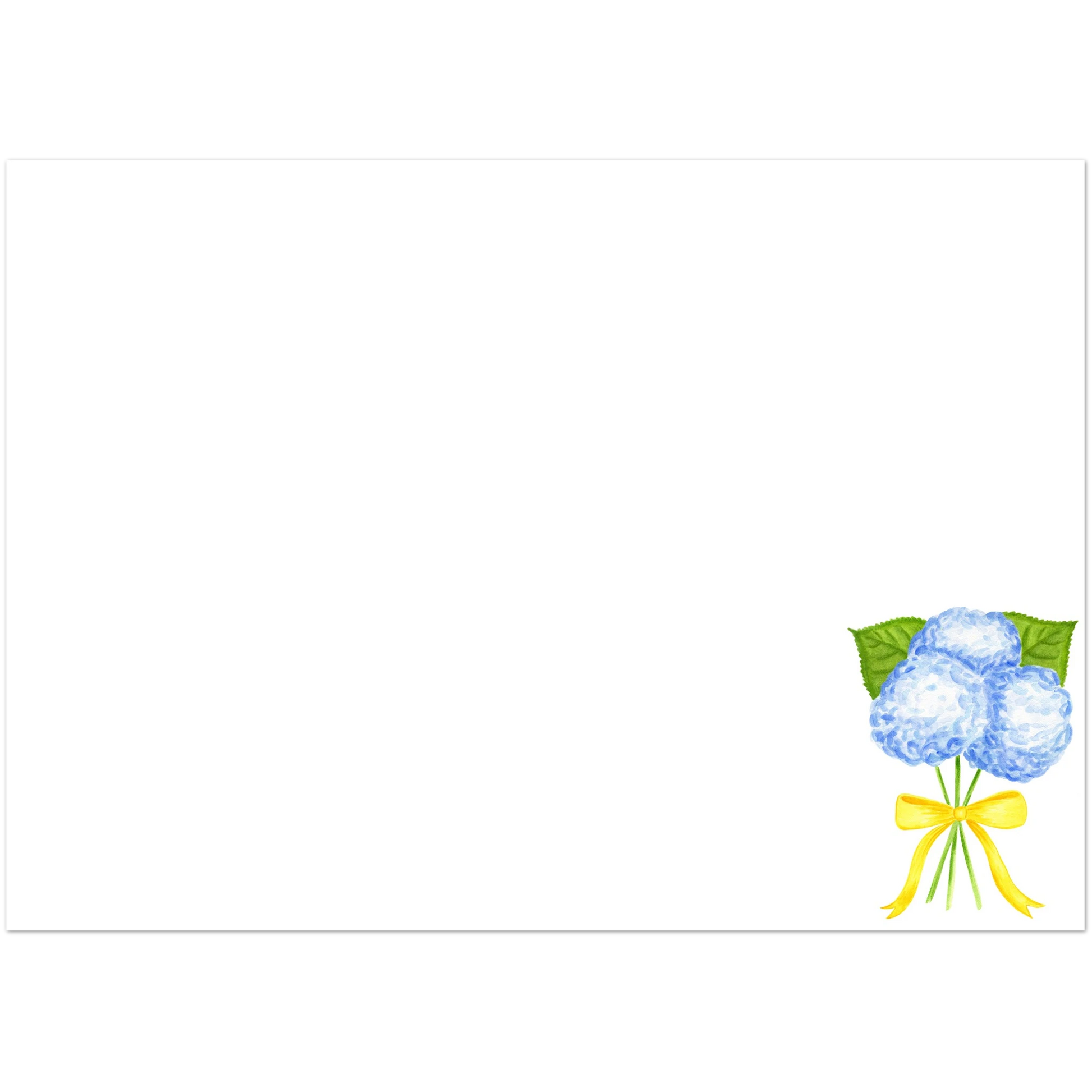 Blue Hydrangeas with a Yellow Bow Watercolor Illustration | Set of 10 Cards & Envelopes | 2 Sizes 5R (5 x 7″)