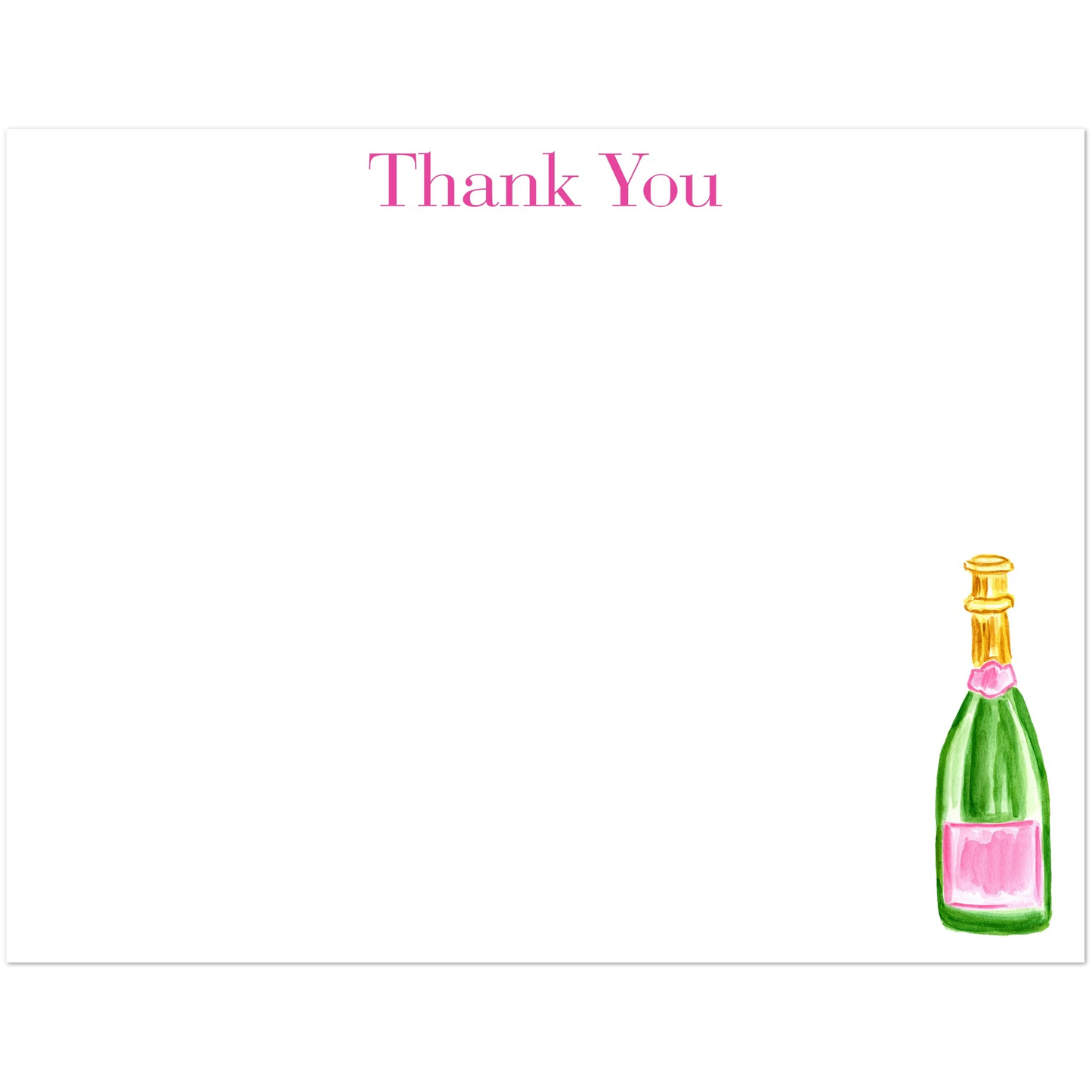 Thank You Card | Pink & Green Champagne Bottle Watercolor Illustration | Flat Notecards & Envelope Set of 10 | 2 Sizes 4.25x5.5″ (SM) Elegant