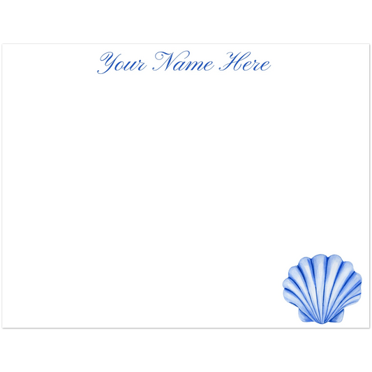 Personalized Blue or Turquoise Sea Shell Watercolor Illustrated Flat Notecards | Set of 10 Cards & Envelopes | 2 Sizes 4.25x5.5″ (SM) Blue