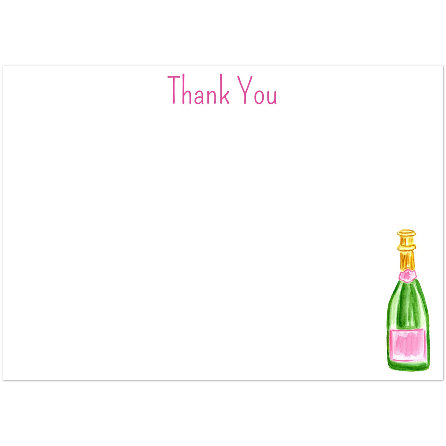 Thank You Card | Pink & Green Champagne Bottle Watercolor Illustration | Flat Notecards & Envelope Set of 10 | 2 Sizes 5R (5 x 7″) Playful