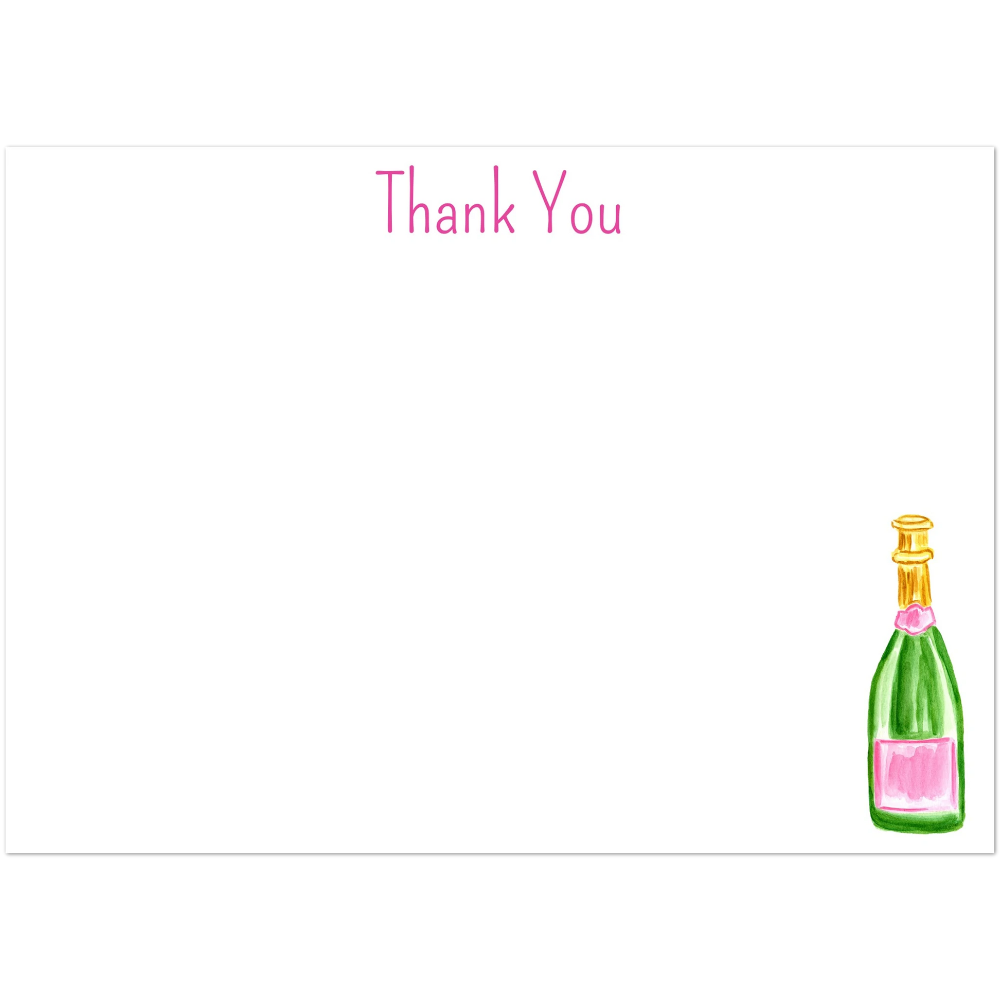 Thank You Card | Pink & Green Champagne Bottle Watercolor Illustration | Flat Notecards & Envelope Set of 10 | 2 Sizes 5R (5 x 7″) Playful