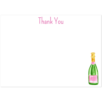 Thank You Card | Pink & Green Champagne Bottle Watercolor Illustration | Flat Notecards & Envelope Set of 10 | 2 Sizes 5R (5 x 7″) Playful