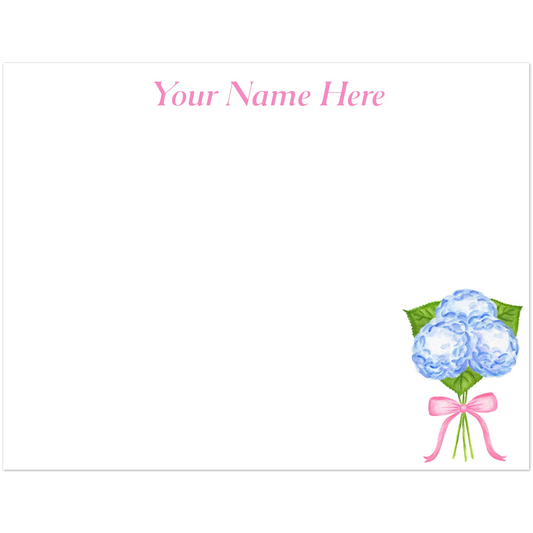 Personalized Blue Hydrangeas with a Light Pink Bow Watercolor Illustration | Set of 10 Cards & Envelopes | 2 Sizes 4.25x5.5″ (SM)