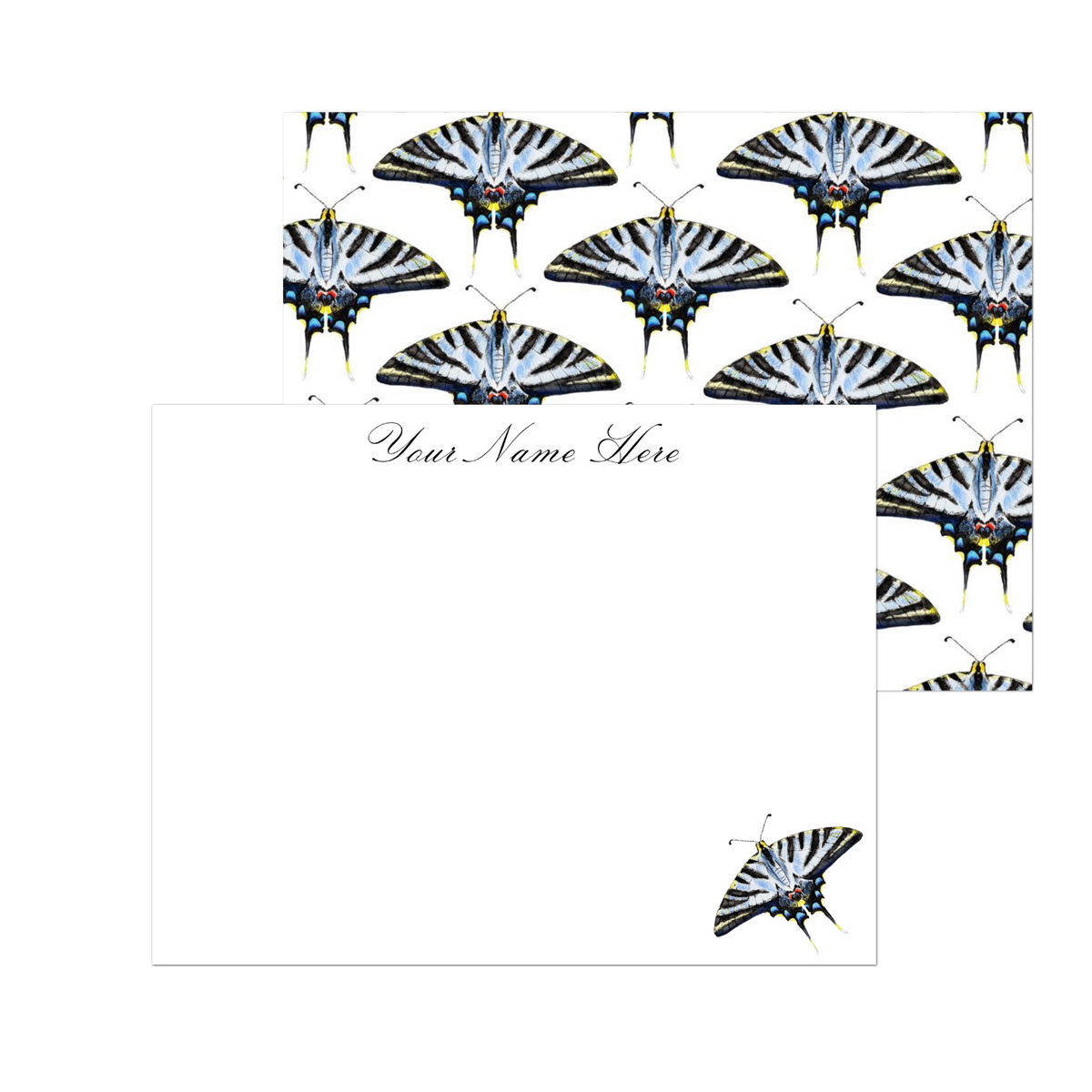 Personalized Light Blue Swallowtail Butterfly Watercolor Illustrated Flat Notecards | Set of 10 Cards & Envelopes | 2 Sizes