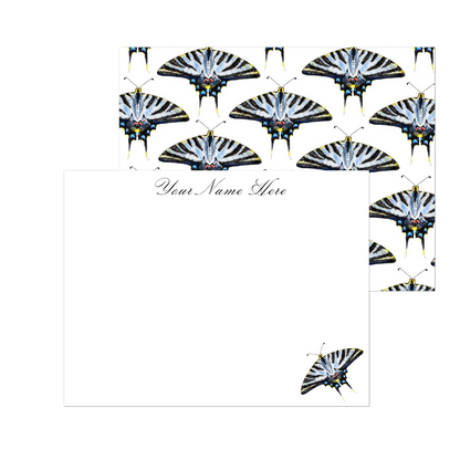 Personalized Light Blue Swallowtail Butterfly Watercolor Illustrated Flat Notecards | Set of 10 Cards & Envelopes | 2 Sizes