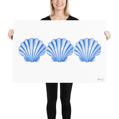Print | Watercolor Blue Scallop Seashell Trio 24″×36″