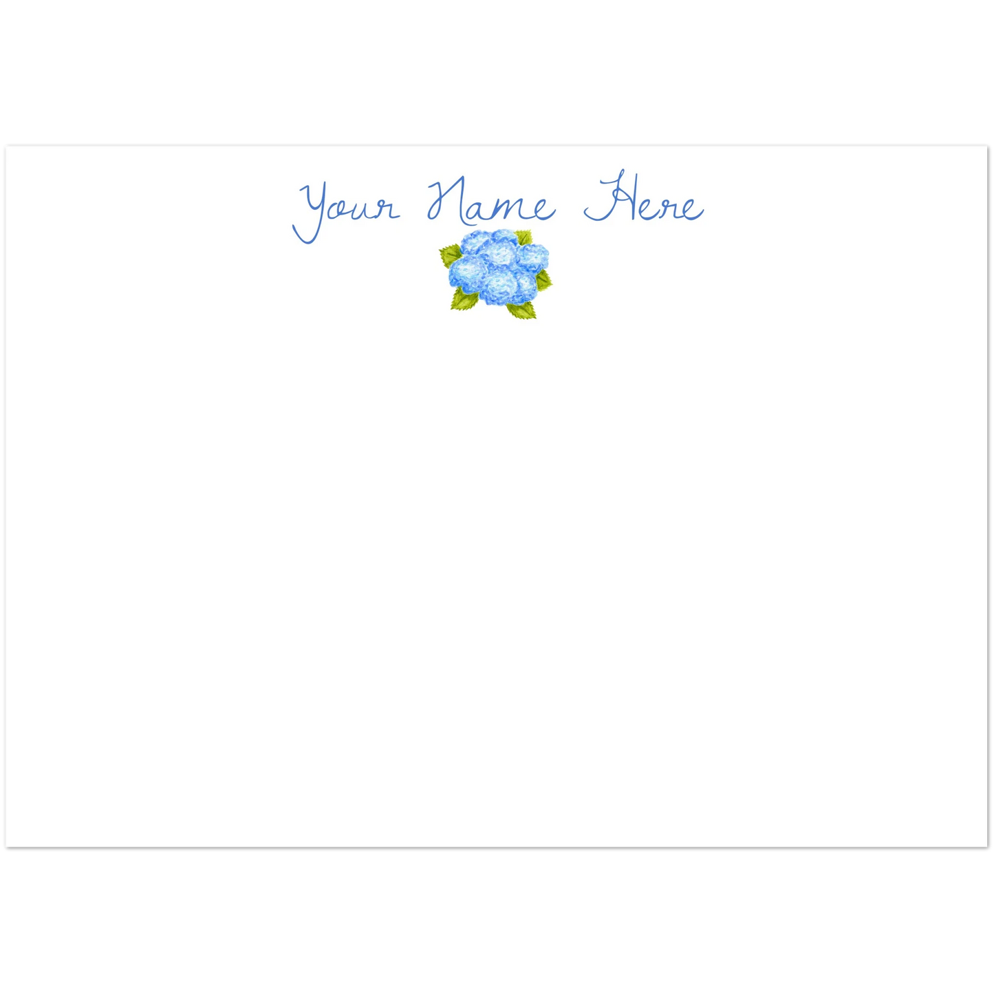 Personalized Blue Bunch of Hydrangeas Watercolor Illustrated Flat Note Cards & Envelopes | Set of 10 | 2 Sizes 5R (5 x 7″)