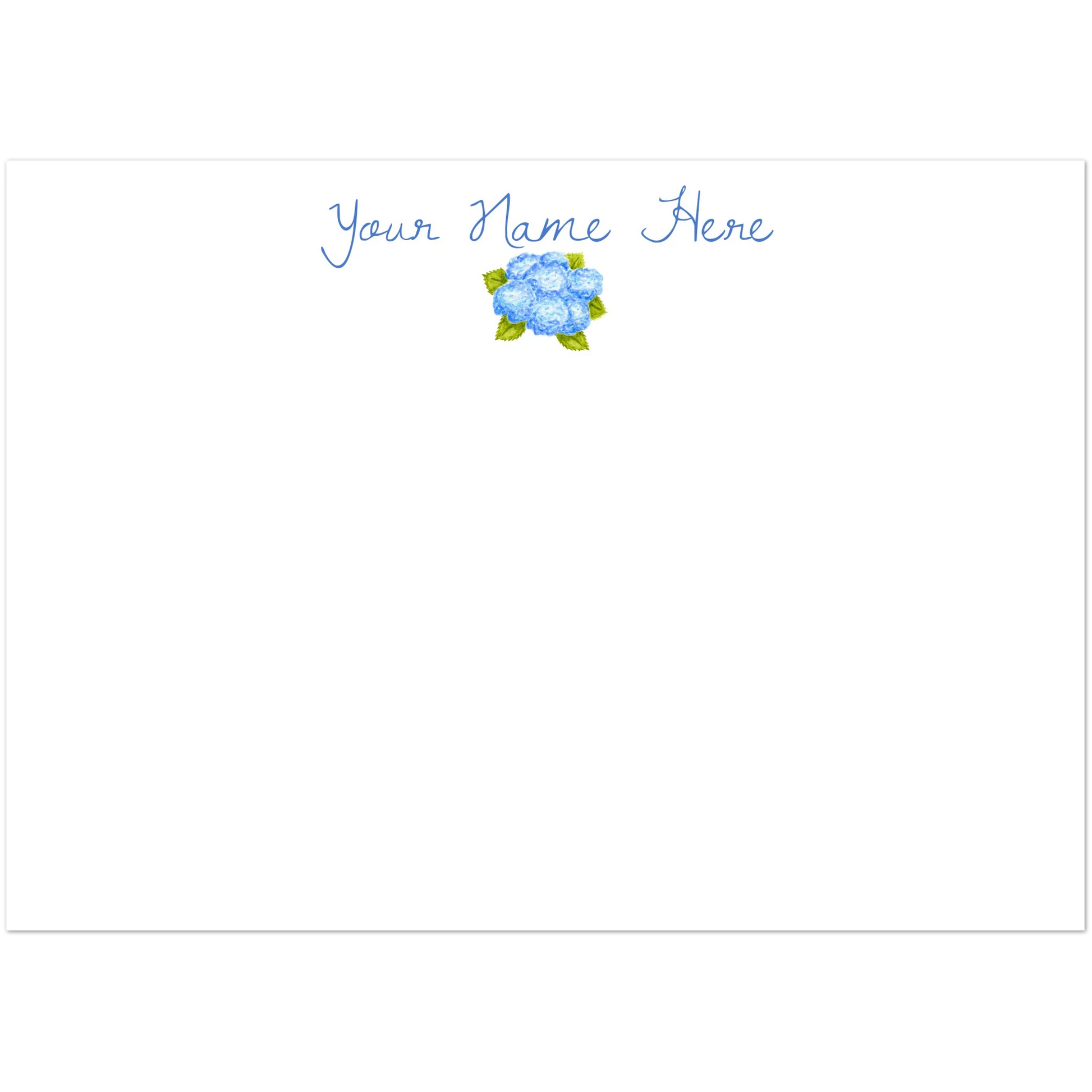 Personalized Blue Bunch of Hydrangeas Watercolor Illustrated Flat Note Cards & Envelopes | Set of 10 | 2 Sizes 5R (5 x 7″)