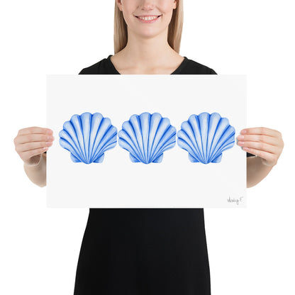 Print | Watercolor Blue Scallop Seashell Trio 12″×18″