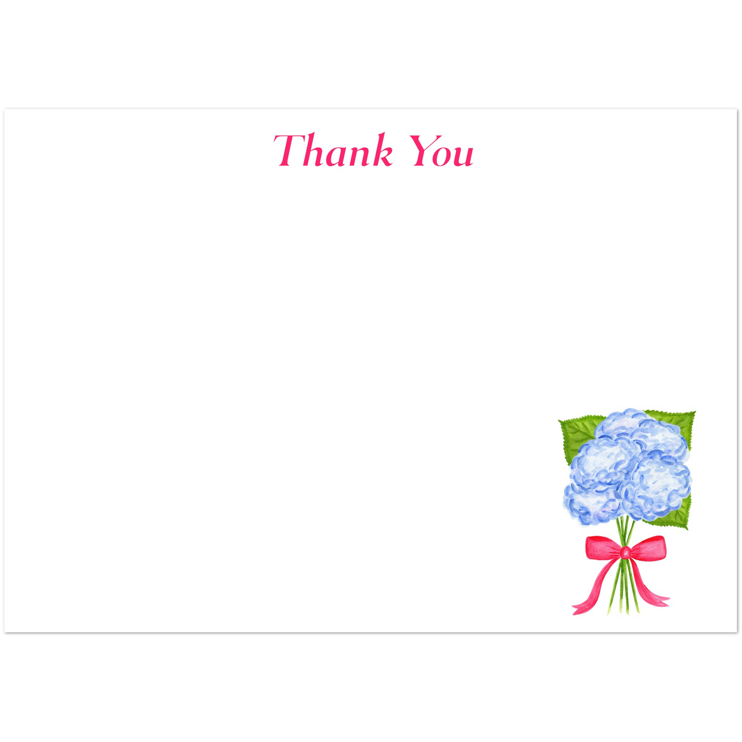 Thank You Cards | Blue Hydrangeas with a Hot Pink Bow Watercolor Illustration | Set of 10 Cards & Envelopes | 2 Sizes 5R (5 x 7″)