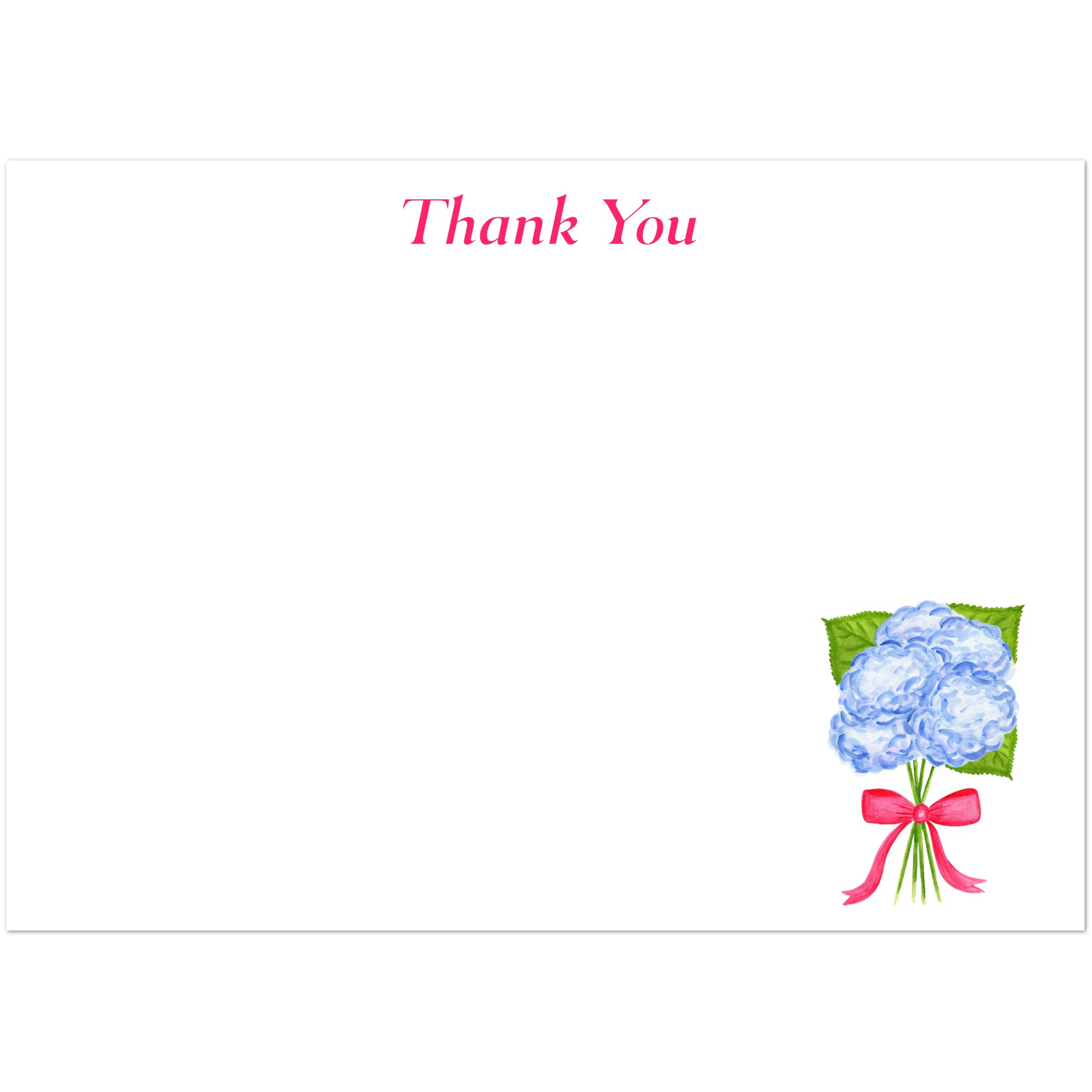 Thank You Cards | Blue Hydrangeas with a Hot Pink Bow Watercolor Illustration | Set of 10 Cards & Envelopes | 2 Sizes 5R (5 x 7″)