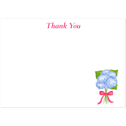 Thank You Cards | Blue Hydrangeas with a Hot Pink Bow Watercolor Illustration | Set of 10 Cards & Envelopes | 2 Sizes 5R (5 x 7″)