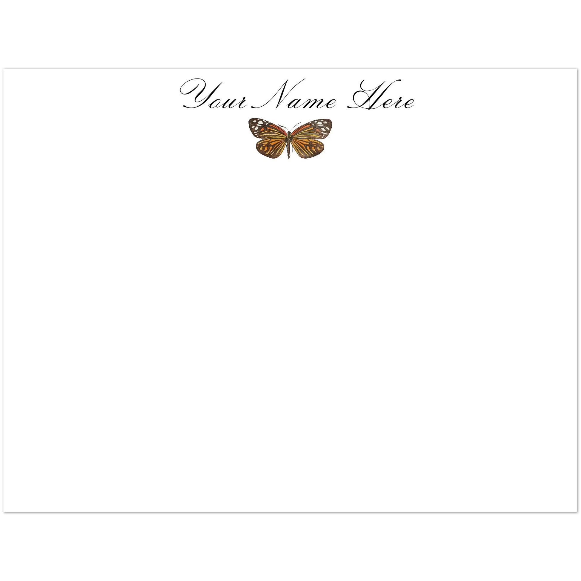 Personalized Orange & Black Butterfly Watercolor Illustrated Flat Notecards | Set of 10 Cards & Envelopes | 2 Sizes