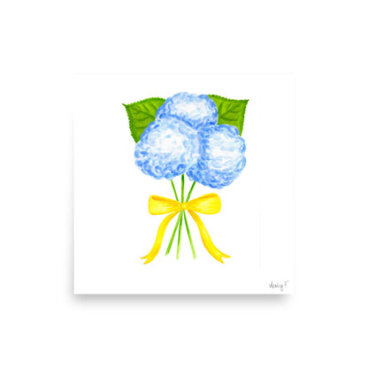 Bunch of Blue Hydrangeas Yellow Bow Watercolor Print | Various Sizes 10″×10″