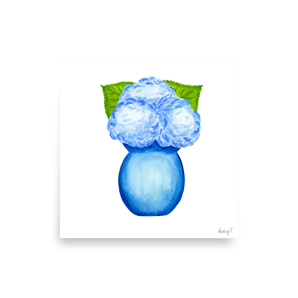 Bunch of Blue Hydrangeas Blue Vase Watercolor Print | Various Sizes 10″×10″