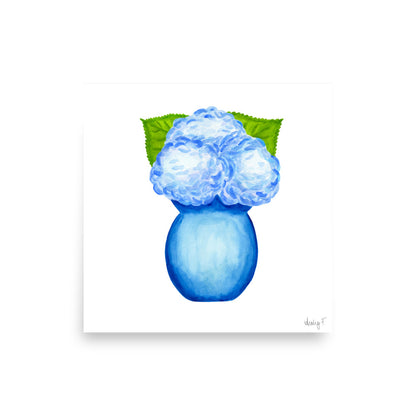 Bunch of Blue Hydrangeas Blue Vase Watercolor Print | Various Sizes 10″×10″
