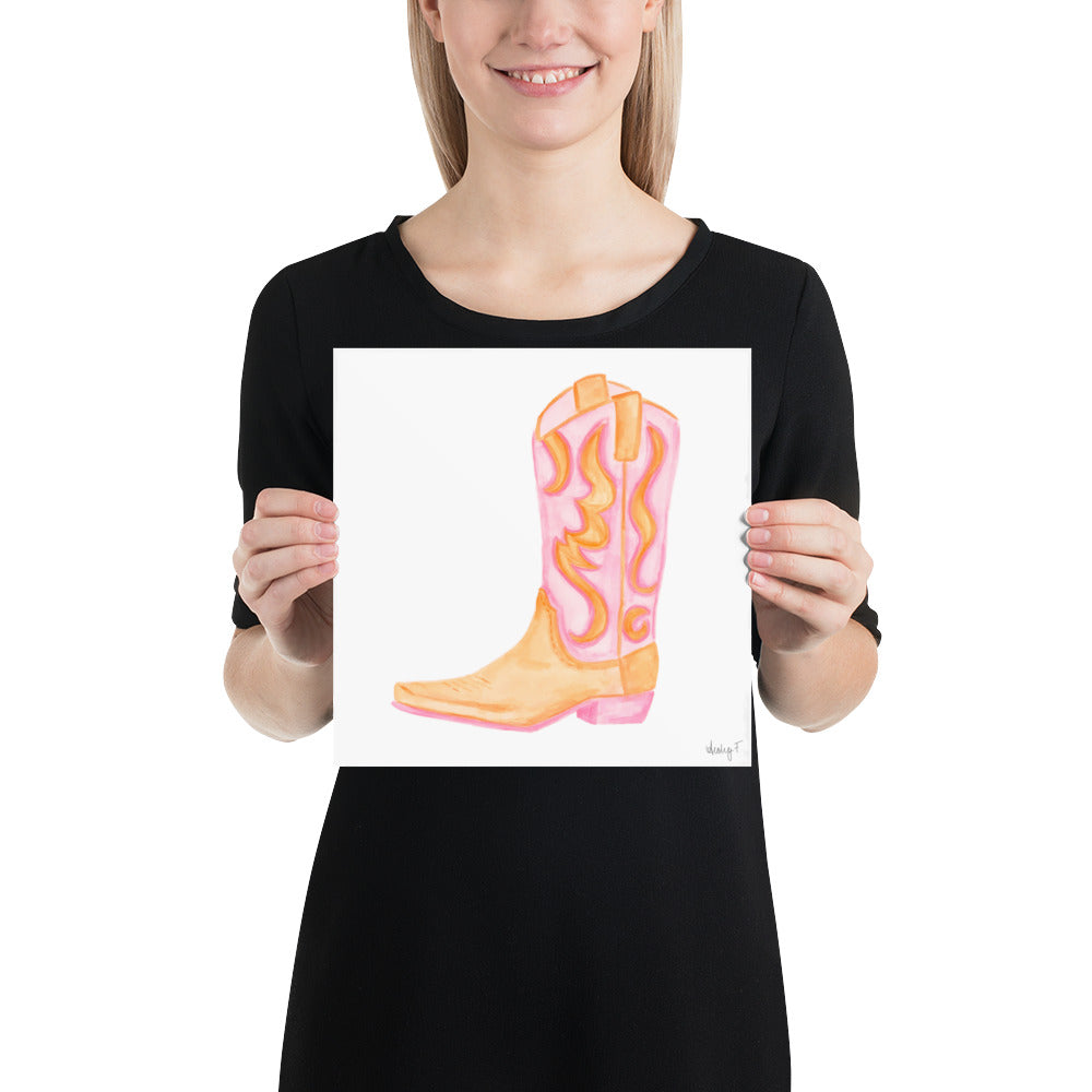 Print | Pink & Orange Cowboy Boot | Cowgirl Art | Dorm Decor | Southern | Preppy | Western | Coastal Cowgirl