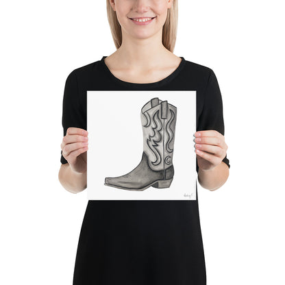 Print | Black & Gray Tonal Watercolor Cowboy Boot Painting Post | Rustic Decor | Southern | Western 10×10
