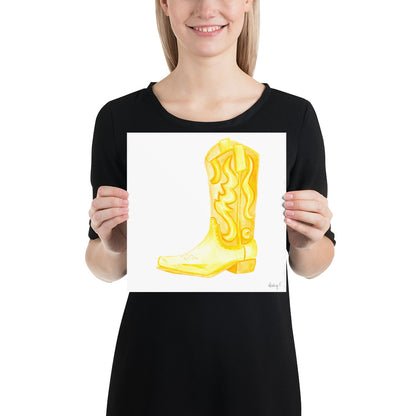 Print | Yellow Watercolor Cowboy Boot | Southern Preppy Decor | Coastal Cowgirl | Rustic Western Art 10×10