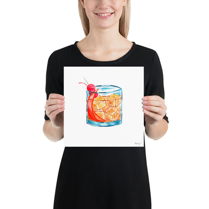 Print | Watercolor Old Fashioned Whiskey Cocktail 10×10