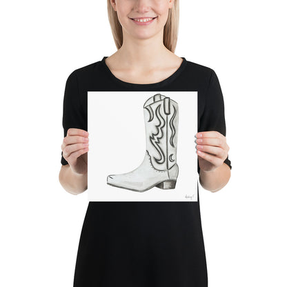 Print | Watercolor White & Gray Cowboy Boot 10″×10″