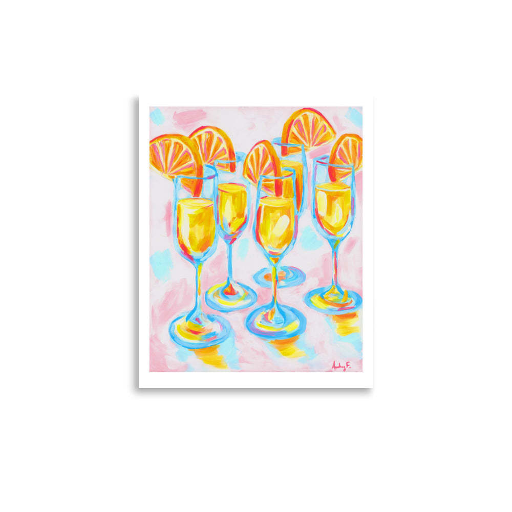Pink & Orange Mimosas Blue Champagne Flutes Abstract Acrylic Print 11″×14″