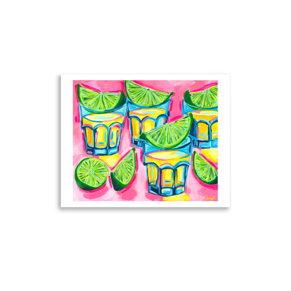 “One More Round” | Pink Tequila Shots & Limes Abstract Acrylic Cocktail Art Print 11″×14″
