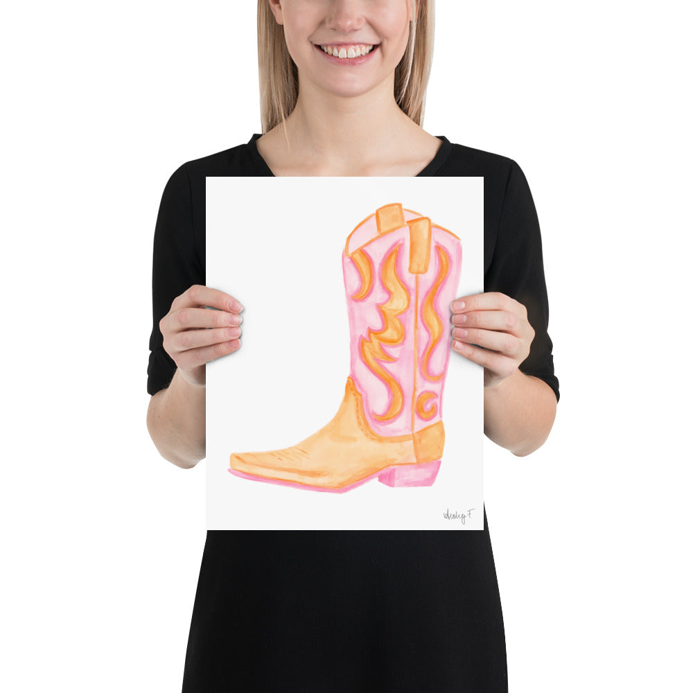 Print | Pink & Orange Cowboy Boot | Cowgirl Art | Dorm Decor | Southern | Preppy | Western | Coastal Cowgirl