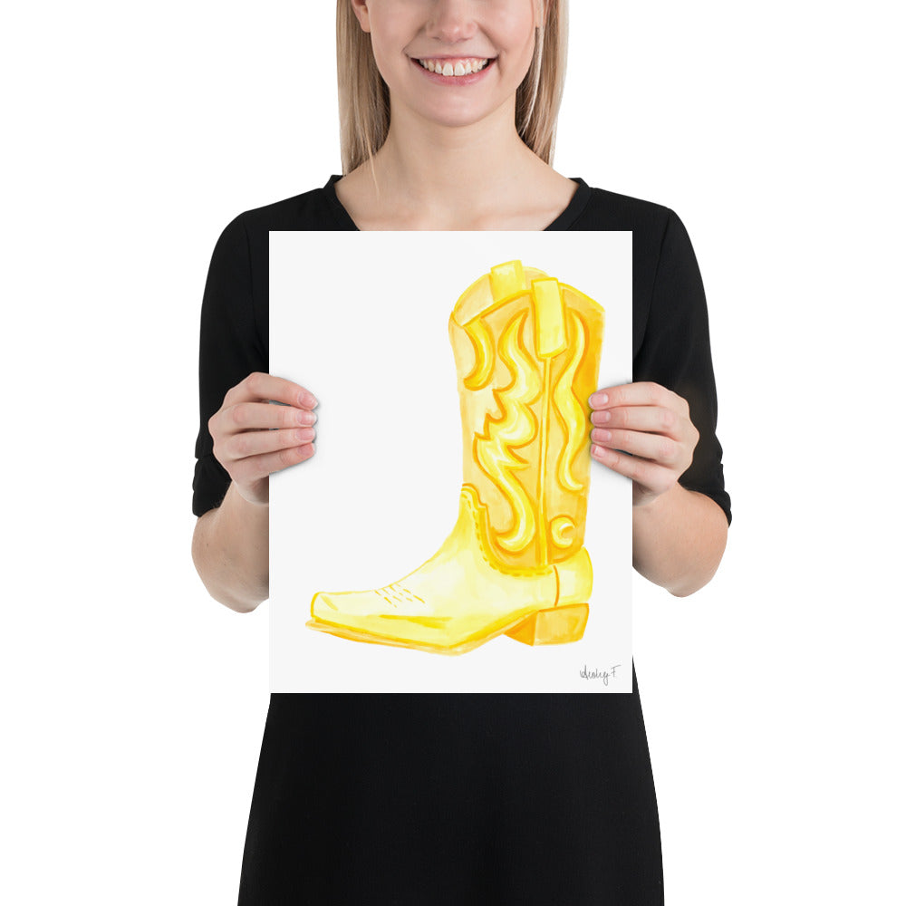 Print | Yellow Watercolor Cowboy Boot | Southern Preppy Decor | Coastal Cowgirl | Rustic Western Art 11×14