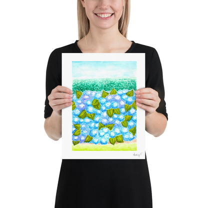 Print | Blue Hydrangea Blooms & Hedge Watercolor | Various Sizes