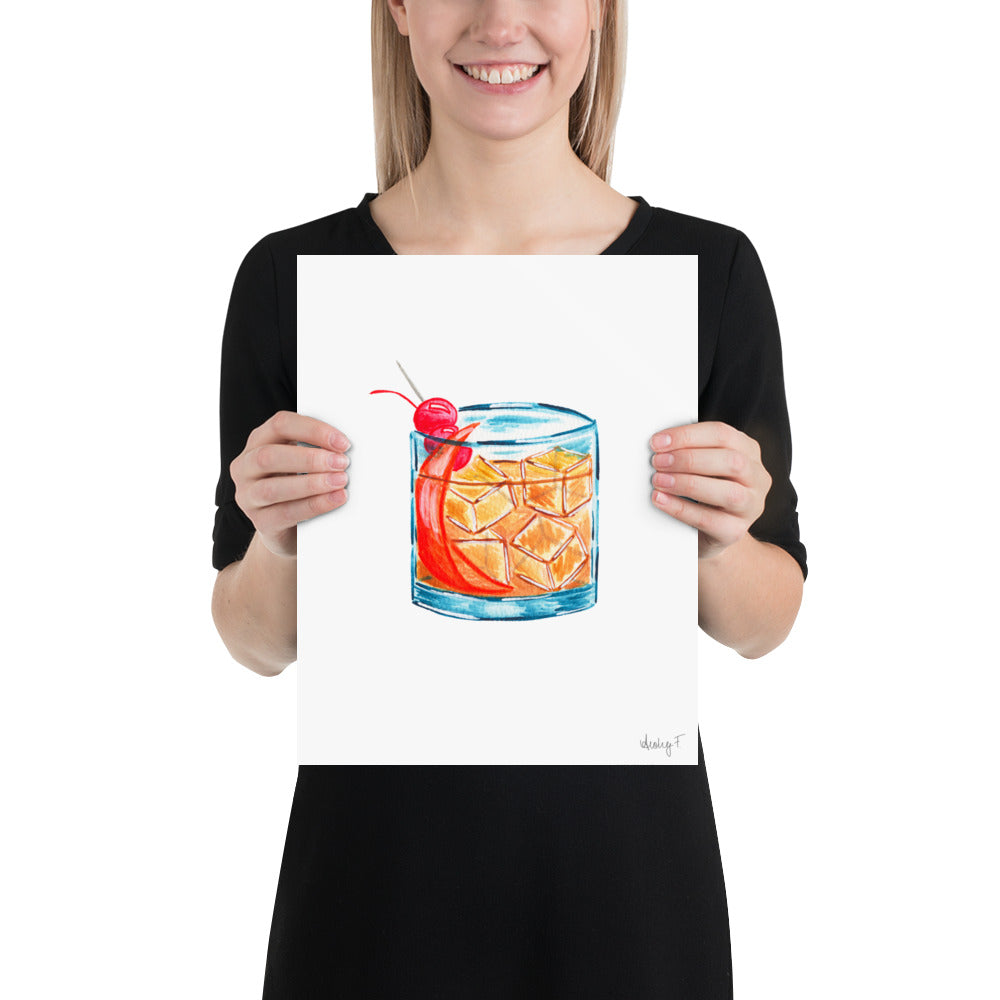 Print | Old Fashioned Whiskey Cocktail Watercolor | Bar Cart Kitchen Decor Poster | Whiskey | Beverage