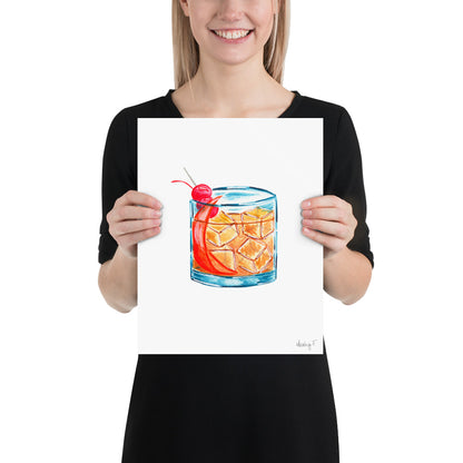 Print | Watercolor Old Fashioned Whiskey Cocktail 11×14