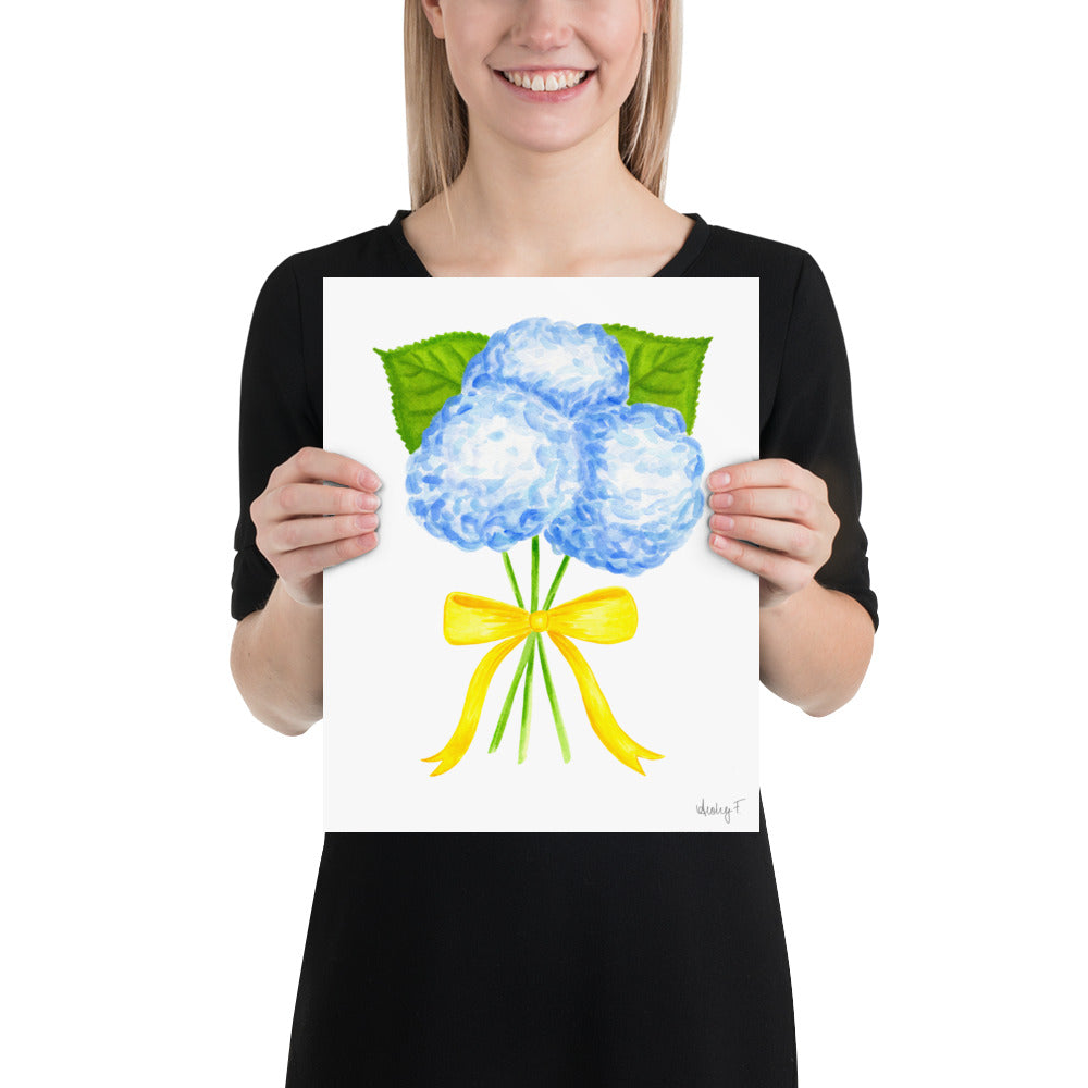Bunch of Blue Hydrangeas Yellow Bow Watercolor Print | Various Sizes 11″×14″
