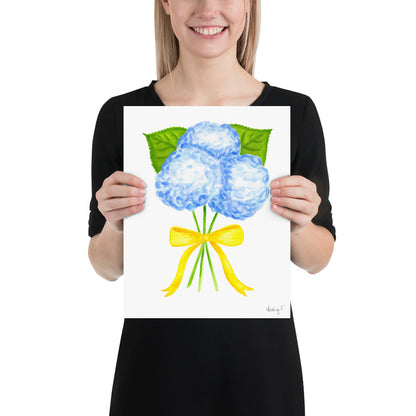 Bunch of Blue Hydrangeas Yellow Bow Watercolor Print | Various Sizes 11″×14″