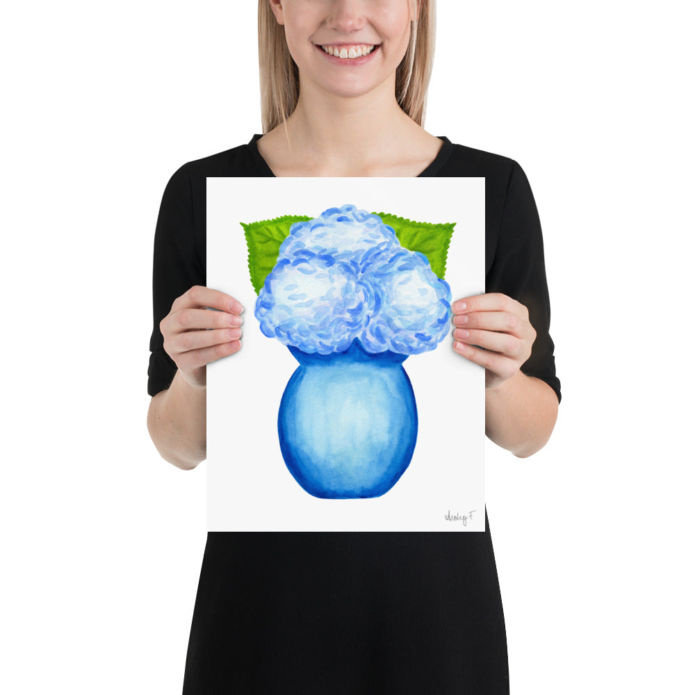 Bunch of Blue Hydrangeas Blue Vase Watercolor Print | Various Sizes 11×14