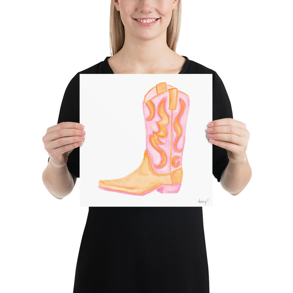 Print | Pink & Orange Cowboy Boot | Cowgirl Art | Dorm Decor | Southern | Preppy | Western | Coastal Cowgirl