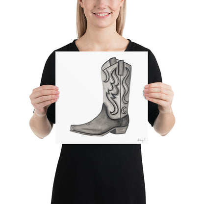 Print | Black & Gray Tonal Watercolor Cowboy Boot Painting Post | Rustic Decor | Southern | Western 12×12