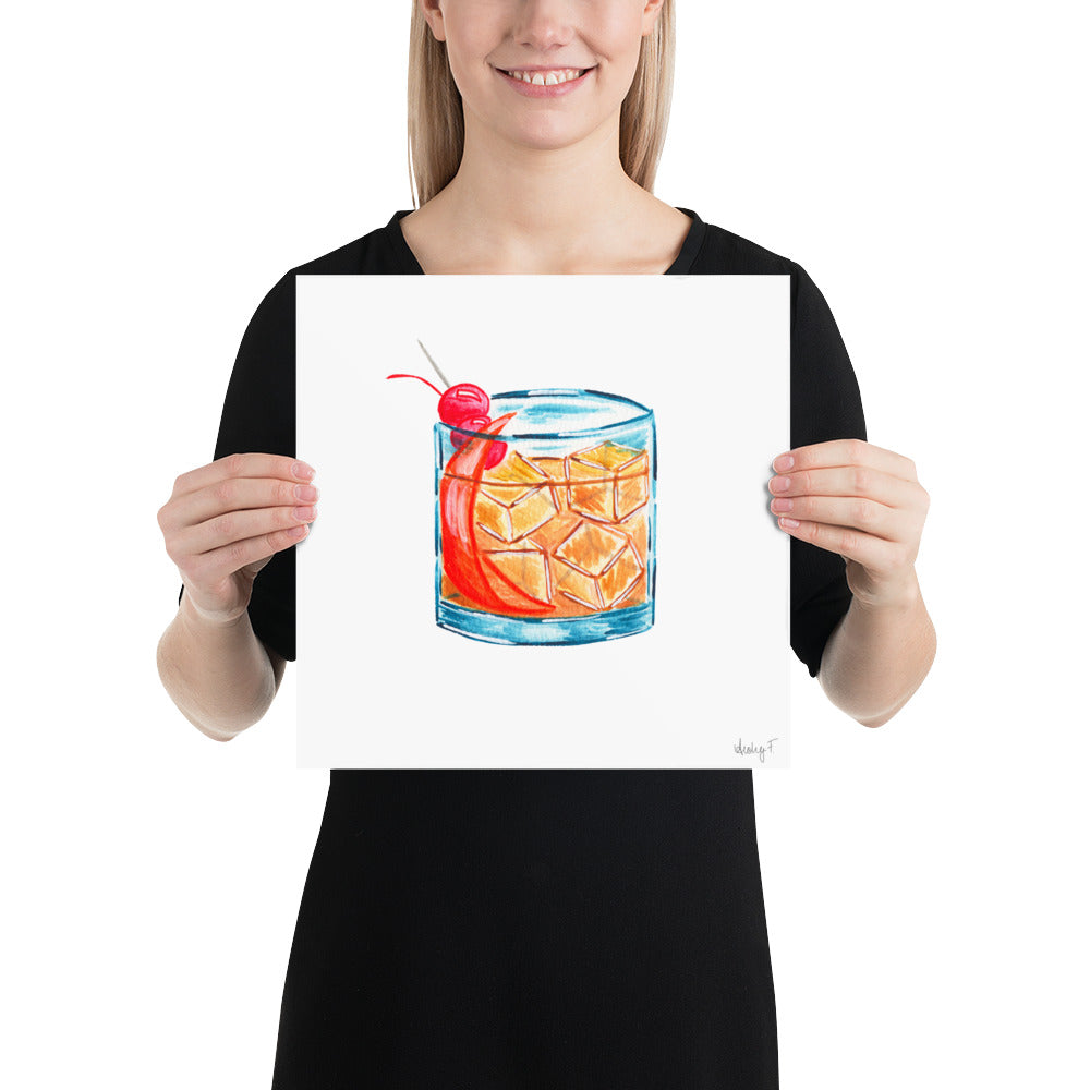 Print | Old Fashioned Whiskey Cocktail Watercolor | Bar Cart Kitchen Decor Poster | Whiskey | Beverage