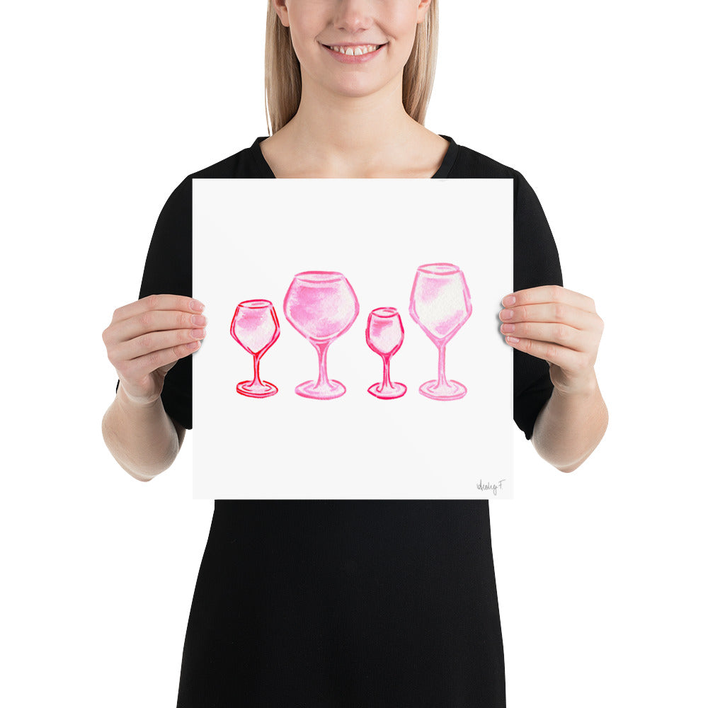 Print Pink Wine Glasses Watercolor Quad | Bar Cart Art Cocktail Wall Poster Kitchen