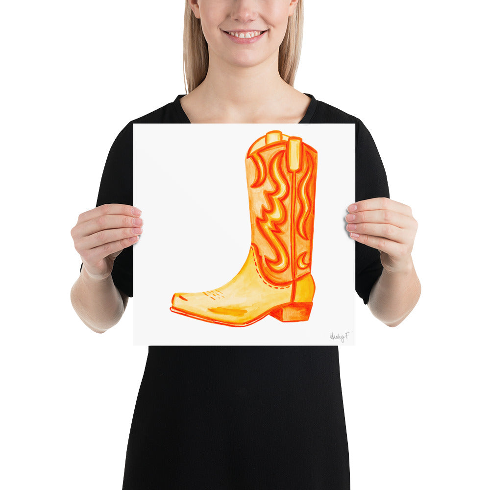 Print | Watercolor Orange Cowboy Boot 12″×12″
