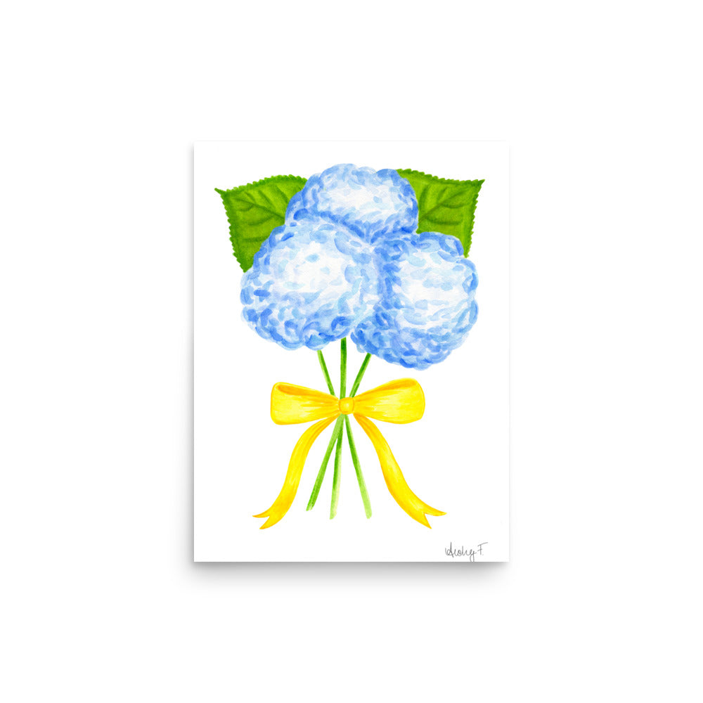 Bunch of Blue Hydrangeas Yellow Bow Watercolor Print | Various Sizes 12″×16″