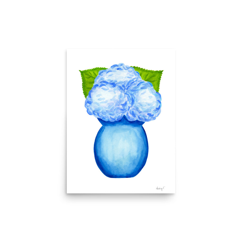 Bunch of Blue Hydrangeas Blue Vase Watercolor Print | Various Sizes